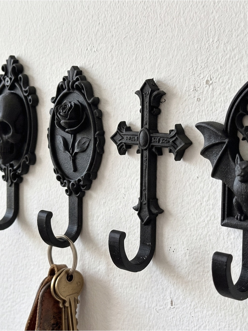 Black Decorative Wall Hook Set - Gothic Rose & Cross